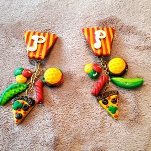 Handmade dangle 4" PIZZA P clip earrings .Best foodie